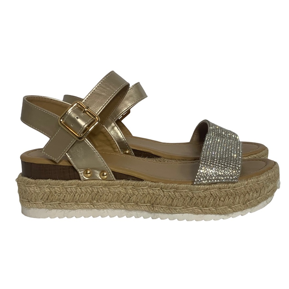 Top Moda Rhinestone Embellish Platform Espadrille Adjustable Ankle Strap Sandal